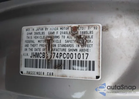 1993 Honda Accord Ex from USA, damaged, VIN JHMCB7674PC001017